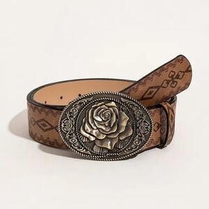 Western Flower Buckle Belt, Boho Flower Embroidered Belt, Vintage Engraved Waist